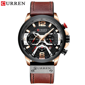 Montre à quartz étanche pour hommes avec bracelet en cuir véritable