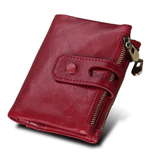Charger l&#39;image dans la galerie, Portefeuille Blocage RFID: Porte-monnaie ,Porte-carte,s Étui de protection pour hommes et femme, Taille: 12 * 9,5 * 3,5 cm, Cuir de vache véritable Crazy Horse Texture Zipper Porte-cartes ,à 3 volets