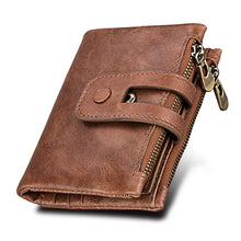 Charger l&#39;image dans la galerie, Portefeuille Blocage RFID: Porte-monnaie ,Porte-carte,s Étui de protection pour hommes et femme, Taille: 12 * 9,5 * 3,5 cm, Cuir de vache véritable Crazy Horse Texture Zipper Porte-cartes ,à 3 volets