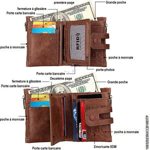 Portefeuille Blocage RFID: Porte-monnaie ,Porte-carte,s Étui de protection pour hommes et femme, Taille: 12 * 9,5 * 3,5 cm, Cuir de vache véritable Crazy Horse Texture Zipper Porte-cartes ,à 3 volets