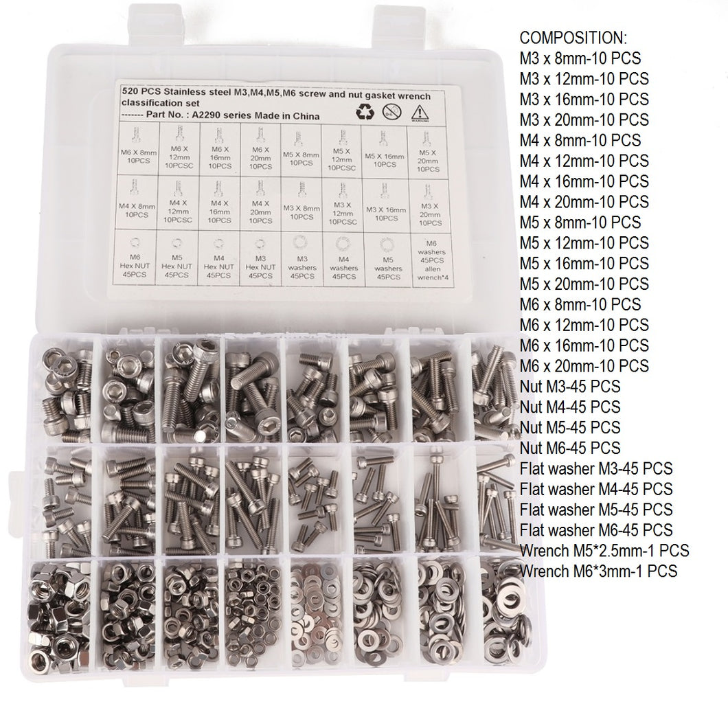 Vis et écrous en acier inoxydable M3 M4 M5 M6 , Vis à tête cylindrique à six pans creux , kit d'assortiment de clés pour joints